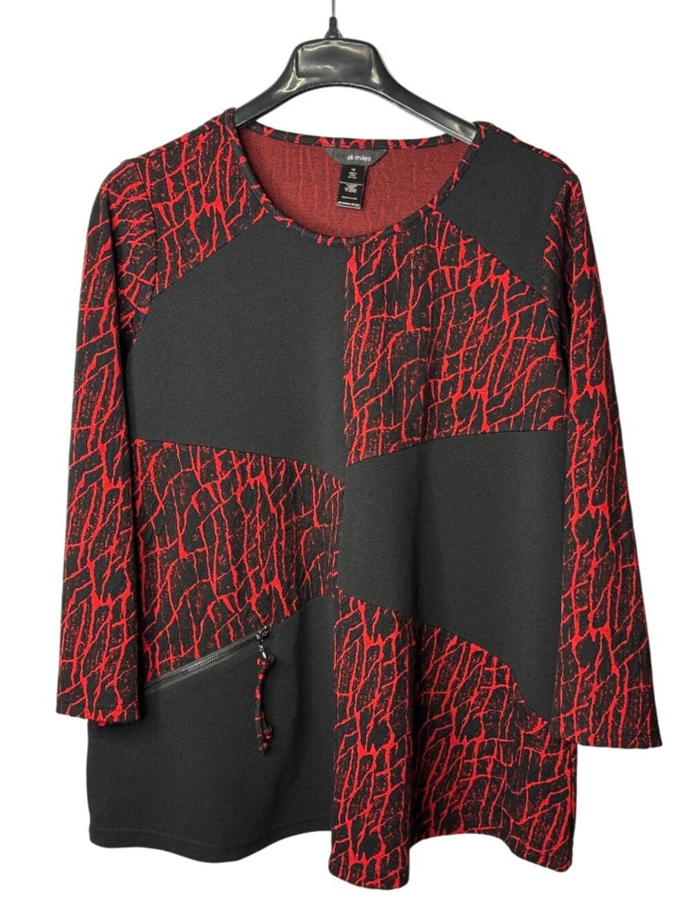 Ali Miles Plus Size Tunic Top Size 1X Red Black Patchwork Wearable Art Lagenlook